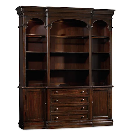 Breakfront Bookcase Base and Hutch with Three-Way Touch Lighting and Framed Glass Shelves